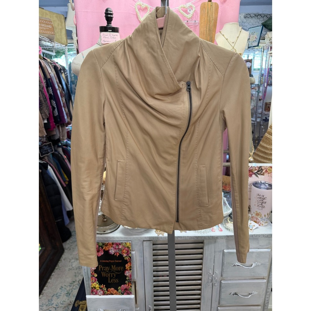 Vince Paper Leather Cowl Neck Jacket Camel XS Quiet Luxury, Minimalist